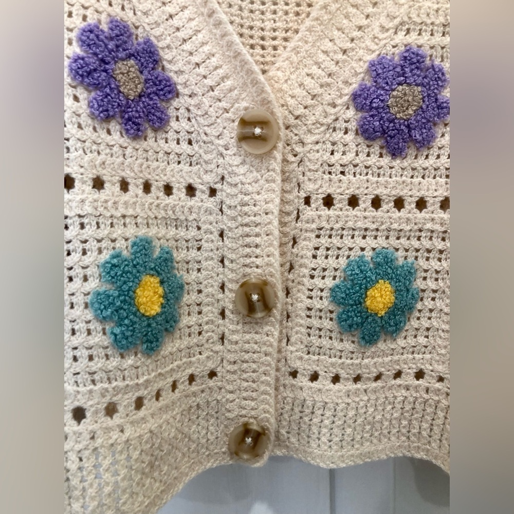 SO Cream Floral Y2K Granny Square Knit Cardigan | Medium - Picture 3 of 4